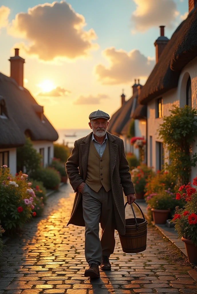 An image of a country gentleman, carrying a bucket, Coast, going home, em um vilarejo, country man, photo realist,   