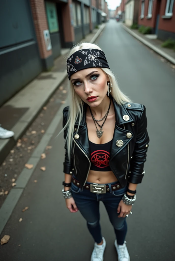 russian milf woman, biker gang member, platinum blonde hair (straight, middle part) with bandana headband, with very light blue eyes, extremely pale, heavy eye shadows. Sad face, smeared excessive make up and lipstick Wearing cropped black moto jacket, Cropped t-shirt with pentacle, skinny blue jeans and white tennis sneakers . Pins on jacket lapels Lots of metallic bracelets and pendants. Tacky leather belt with oversized, excessive silver buckle. Hands in prayer. Wide loop earrings. Looks up like talking to God, mouth and eyes open