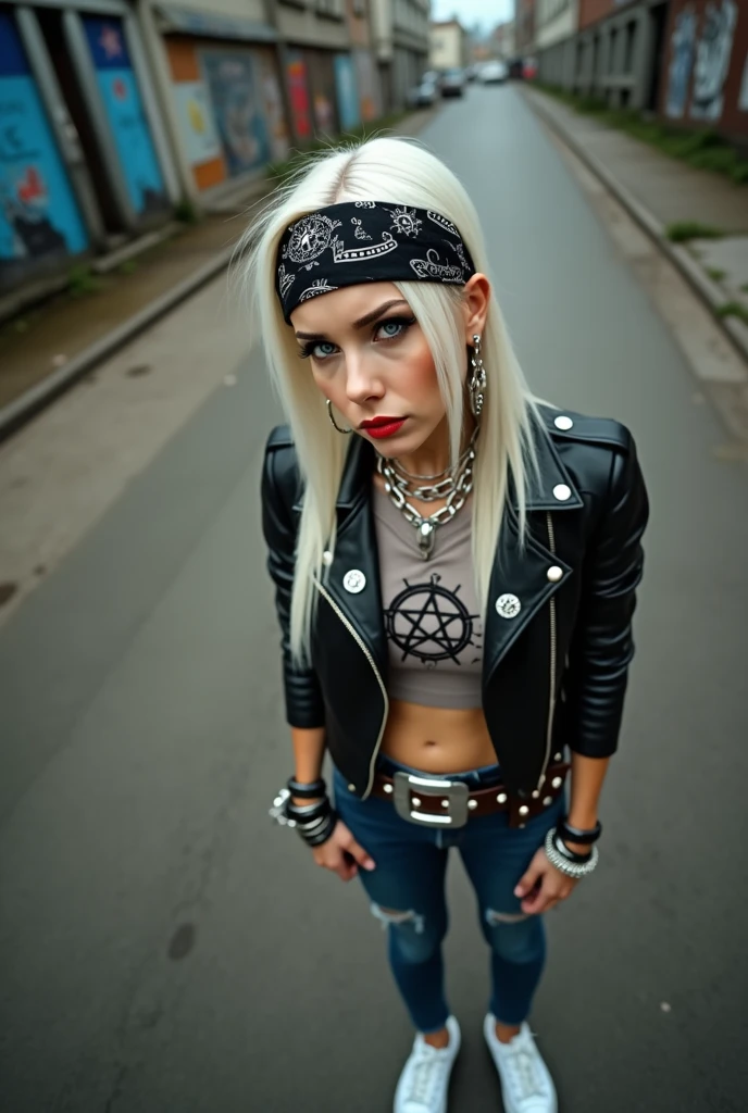 russian milf woman, biker gang member, platinum blonde hair (straight, middle part) with bandana headband, with very light blue eyes, extremely pale, heavy eye shadows. Sad face, smeared excessive make up and lipstick Wearing cropped black moto jacket, Cropped t-shirt with pentacle, skinny blue jeans and white tennis sneakers . Pins on jacket lapels Lots of metallic bracelets and pendants. Tacky leather belt with oversized, excessive silver buckle. Hands in prayer. Wide loop earrings. Looks up like talking to God, mouth and eyes open