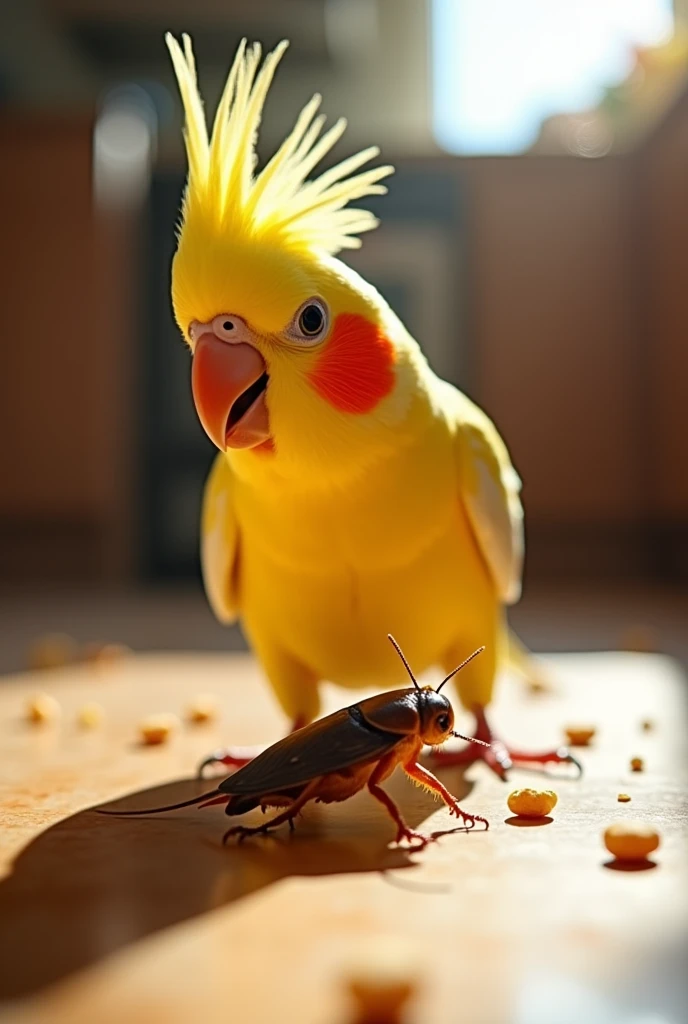 A cockatiel fighting a cockroach