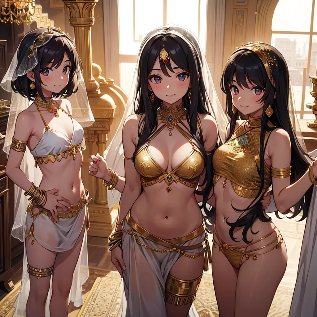 a cute trio of young  arabcanders  in the middle of a room , jewelry, long hair, navel, arabian clothes, looking at viewer, bracelet, veil, midriff, earrings, dancer, smile, armlet
