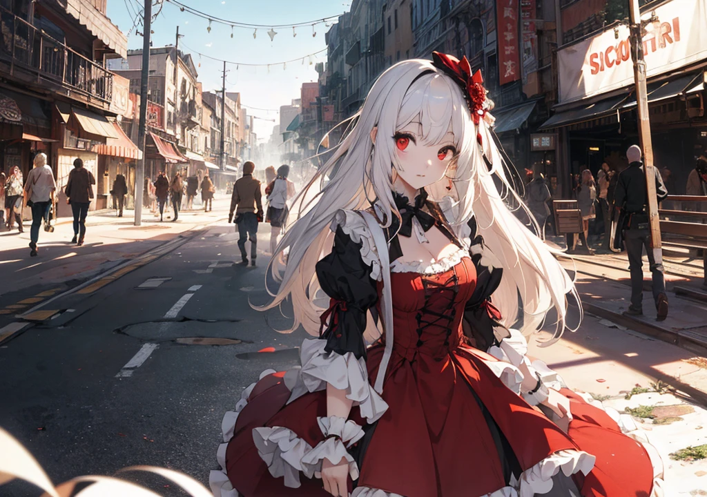 Realistic photos, Focus distance 10mm, Red and white, Beautiful girl, Realistic photos, Shooting at focus distance 10mm, masterpiece, 最high quality, high quality, Very detailed CG 8k wallpaper unit, Award-winning photography, Depth of written boundary, High resolution, bloom, chromatic aberration, Realistic, Very detailed, Art Station Trends, CGsociety Trends, Complex, High detail, dramatic, Art on the go, volumetric lighting, Beautiful girl fighting zombies in a ruined amusement park, white hair, red gothic lolita dress, spooky background, amusement park, Europe