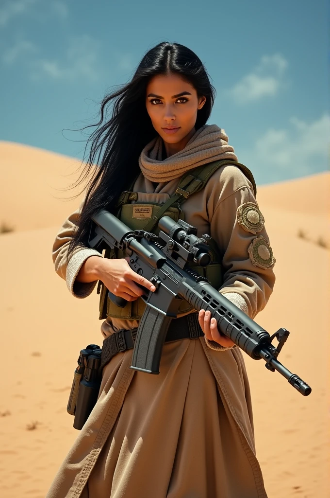 Beautiful black-haired woman dressed as an Arab soldier in a shooting position in the desert