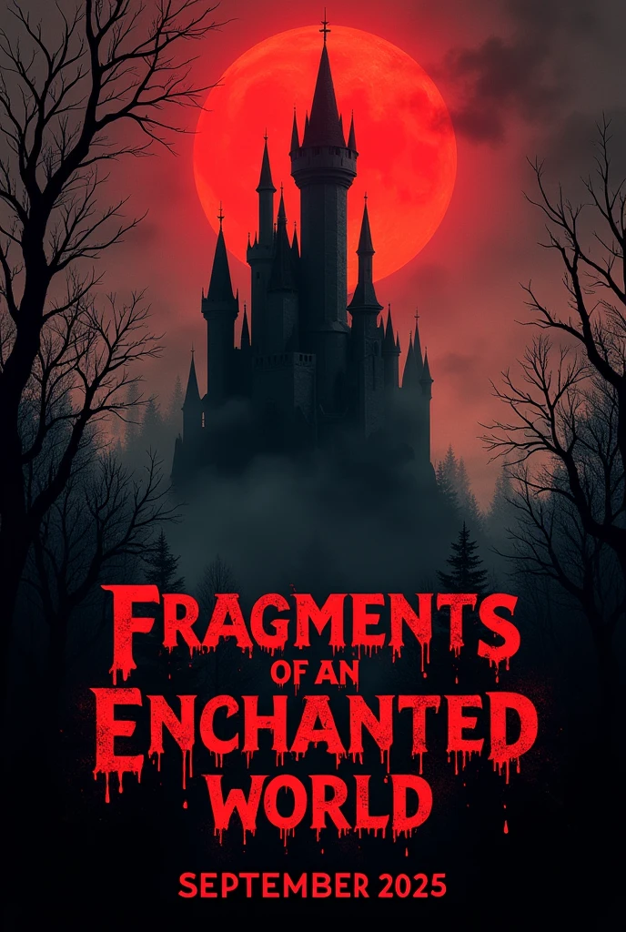 I need you to create a horror cover with the title "fragments of an enchanted world" With the release date for September 2025, I would like red and black on the cover.