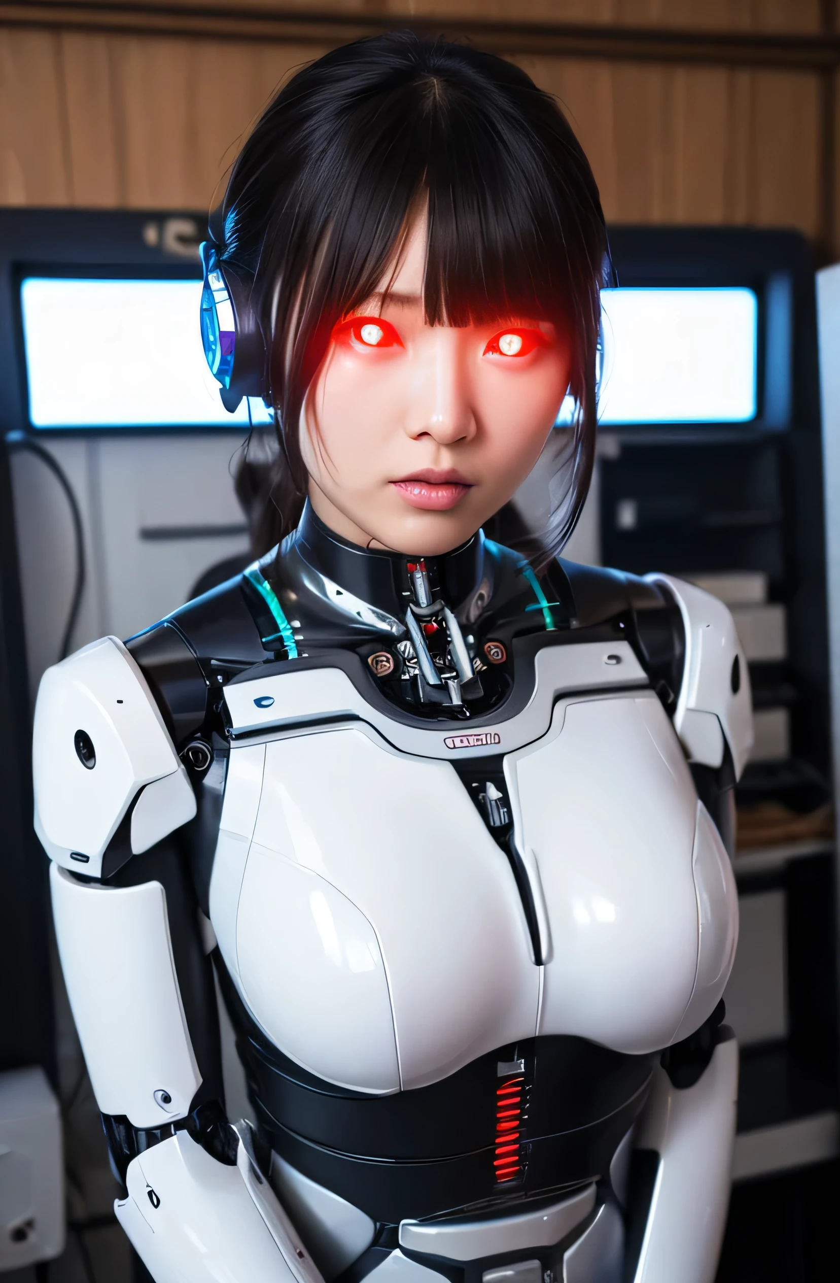 masterpiece, best quality, extremely detailed,  Japaese Cyborg girl,Plump , control panels,android,Droid,Mechanical Hand, Robot arms and legs, Black Robot Parts,Black hair,Mechanical body,Blunt bangs,White robotics parts,perfect robot girl,long tube,thick cable connected her neck,ceramic body ,mechanical body, mechanical ear cover, mechanical costume,android,robot,humanoid,cyborg,japanese android woman ,mechanical chest,future laboratory,connecting a cable between the legs,(Glowing Eyes Meme:1.2)