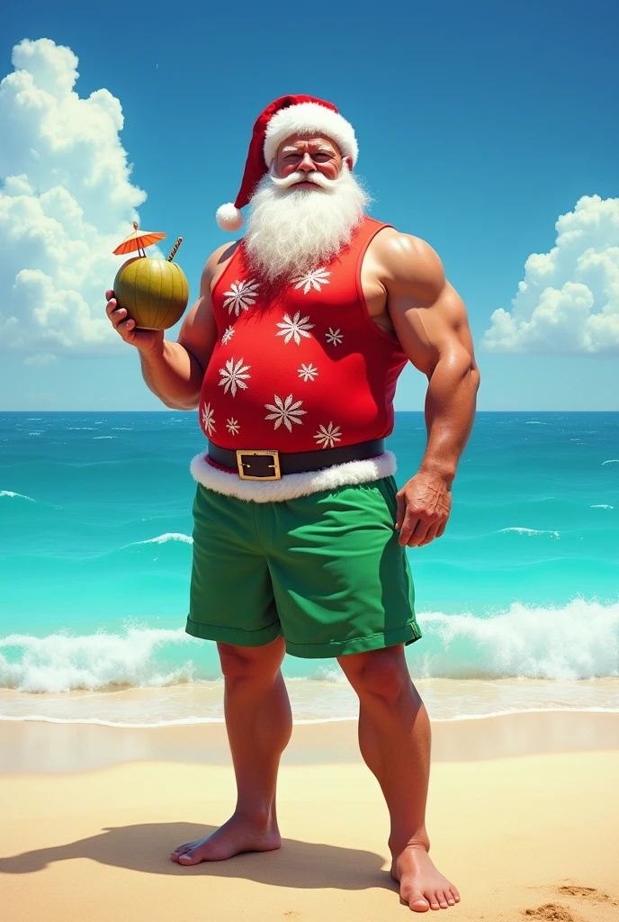 Tall strong muscular Santa Claus in summer outfit on the beach hyperrealism