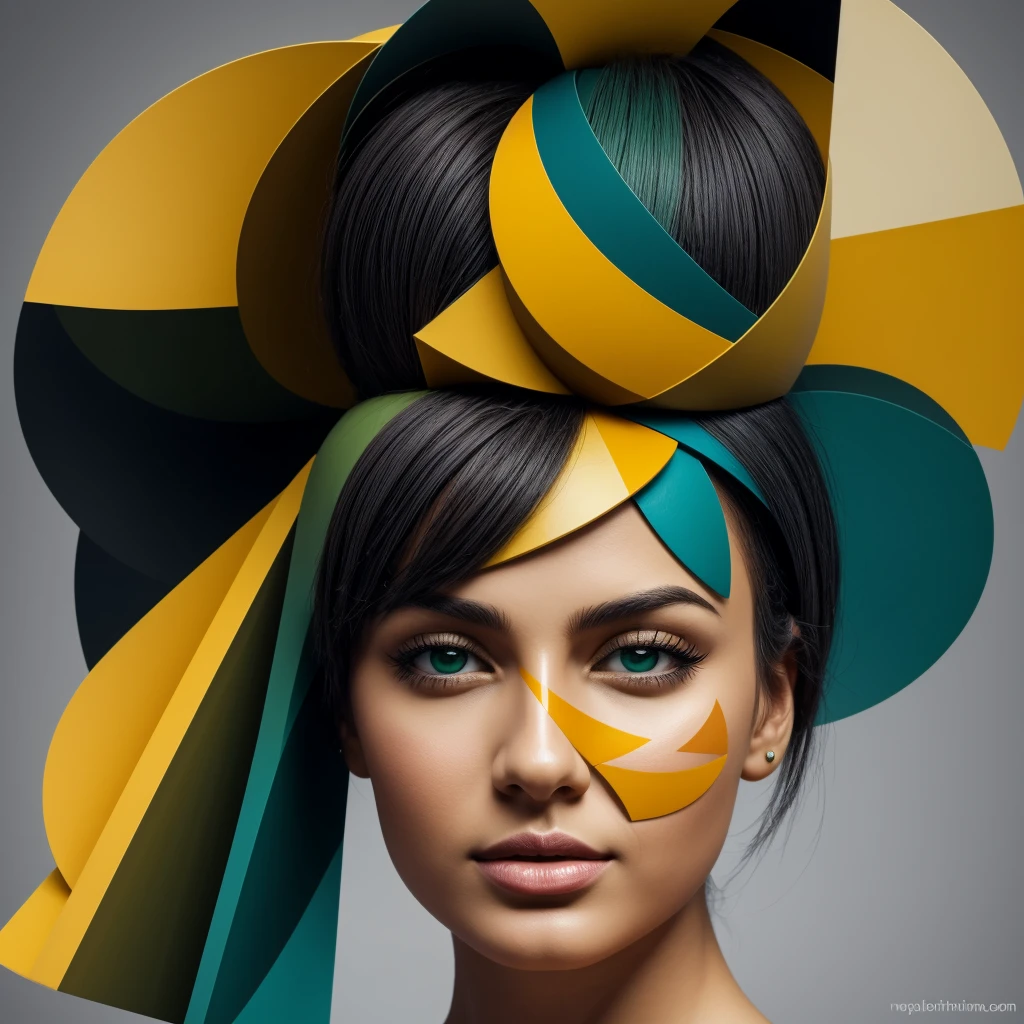 Abstract summer, minimal, vector, a combination of natural and geometric, two-dimensional, more than using the color code 9ea856 tones and mustard palette, dark mustard pastel color, using very little warm colors with mixed tones of green and mustard, the face of a Girl over 20 randomly in different directions and looking, a combination of analytical and abstract cubism style, European, Russian, Iranian face style, Dark Medium Gray