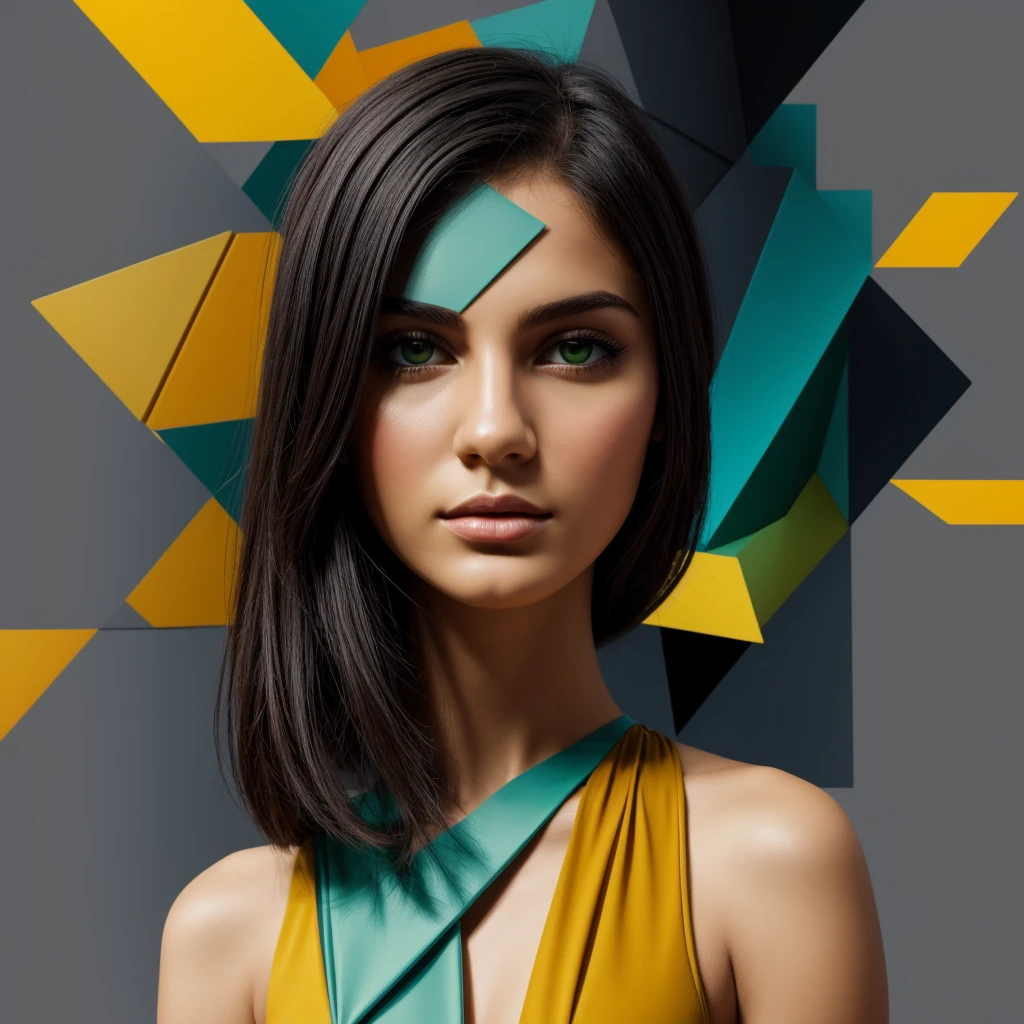 Abstract summer, minimal, vector, a combination of natural and geometric, two-dimensional, more than using the color code 9ea856 tones and mustard palette, dark mustard pastel color, using very little warm colors with mixed tones of green and mustard, the face of a Girl over 20 randomly in different directions and looking, a combination of analytical and abstract cubism style, European, Russian, Iranian face style, Dark Medium Gray