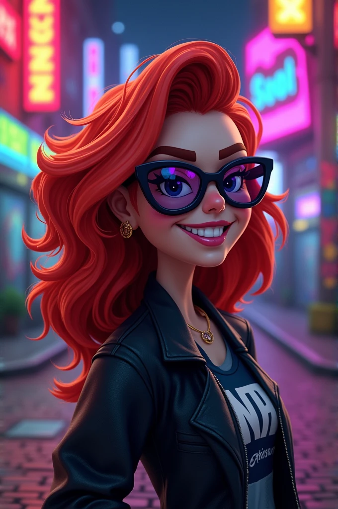 with red hair, surge brawl stars glasses and a black jacket