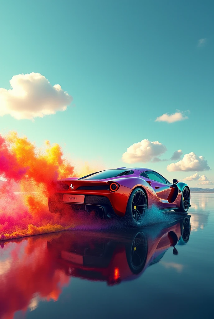 Generate a vibrant, surreal scene featuring a Ferrari sports car. The car should have a sleek design with sharp angles and a multicolored paint job. The colors—red, orange, yellow, green, blue, and purple—should appear to burst dynamically from the rear of the vehicle. Place the car in the center of the composition against a clear sky with fluffy clouds. Blur the colors slightly to convey motion and energy.”