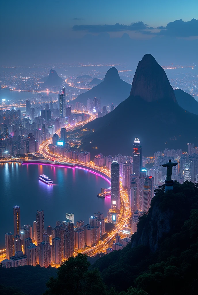 Make for me an aerial view of Christ the Redeemer, no Rio de Janeiro. At this point of view it will present Rio de Janeiro in the future, like the presence of things like flying cars, neon colors everywhere and everything that presents a futuristic technological utopia, in one night.