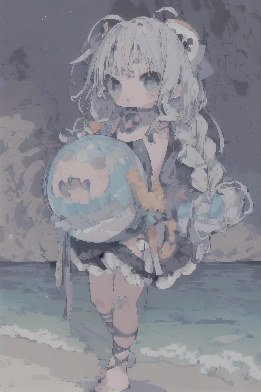 #quality(masterpiece, best quality,ray trace,8k,cinematic),#1 girl(cute, kawaii,small kid,solo,cute swimwear,gray hair,plait hair,eyes are cosmic,big eyes,colorful,have a beach ball),#background(ocean,sea,night, blue moon,full moon,simple,)