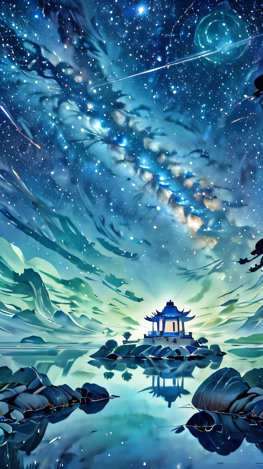 Highest quality, (masterpiece), Very detailed, (Illustrations for novels:1.2), (High resolution:1.2), Dramatic Light, looking at space through long Telescope, space, shooting star, thin lines amidst the planets, Look up, Fantasy,On a different planet,Expansiveness,Great details,Cinema lenses,Wide-angle composition,Hazy,A starry sky,Indian mythology,Shattered rocks fly everywhere.,Fantasy、another world、Starry Sky、shooting star、milky way、Multicolored clouds、another world、Countless islands floating in the sky々、Vast views、Wide-angle lens、A view looking down from a high hill. Realistic blurred background. 4K Full HD 60 FPS、Realistic lighting、deep sea,Ancient times,ancient fish,Swim gracefully,Future deep sea city,Atlantis Continent,Reflection of the universe,Vast space,fusion of the future and the past,Time Transcended,Space distortion、The paper surface shines with rainbow colors all over.、Halation、Angel Ring、Huge spaceship