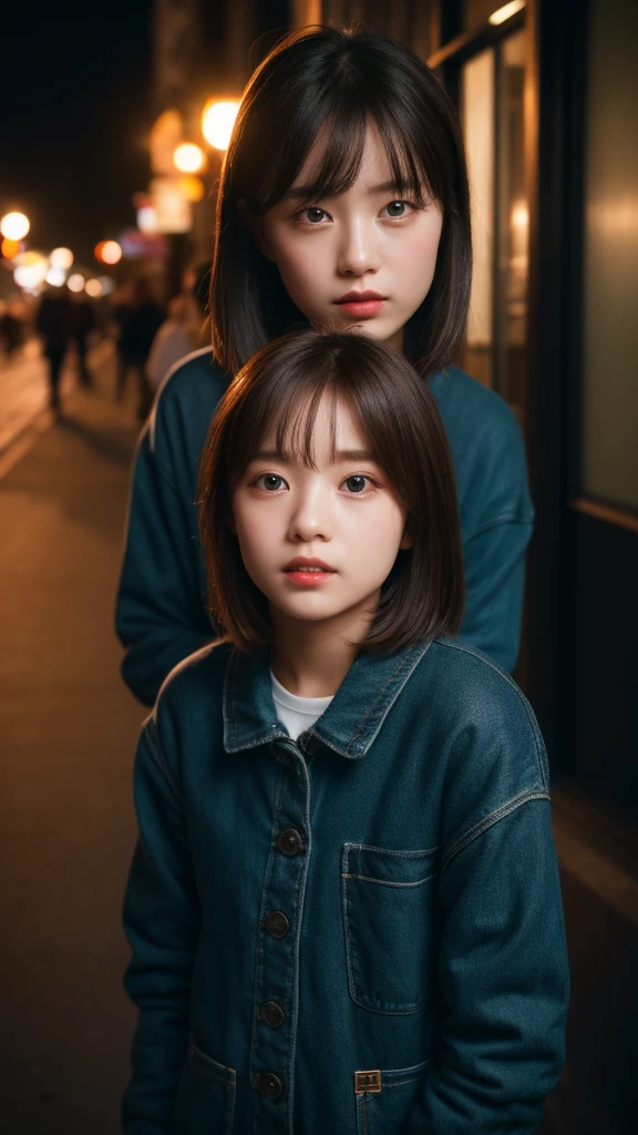 masterpiece, top-quality, Raw foto, Photorealsitic、full body Esbian、 beautiful a girl, cute little, shorth hair, depth of fields, hight resolution, ultra-detailliert, finely detail, ighly detailed, extremely detailed eye and face, Sharp pupils, Realistic pupils, foco nítido, Cinematic lighting、small tits、In the street、Casual wear