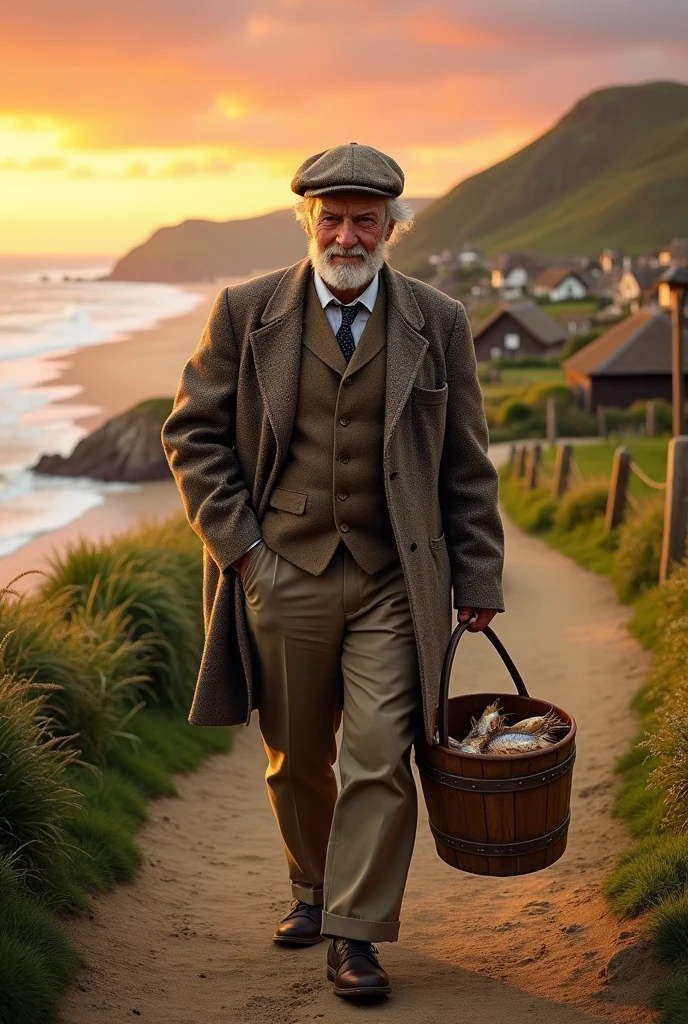 An image of a country gentleman, carrying a bucket, Coast, going home, em um vilarejo, country man, photo realist,