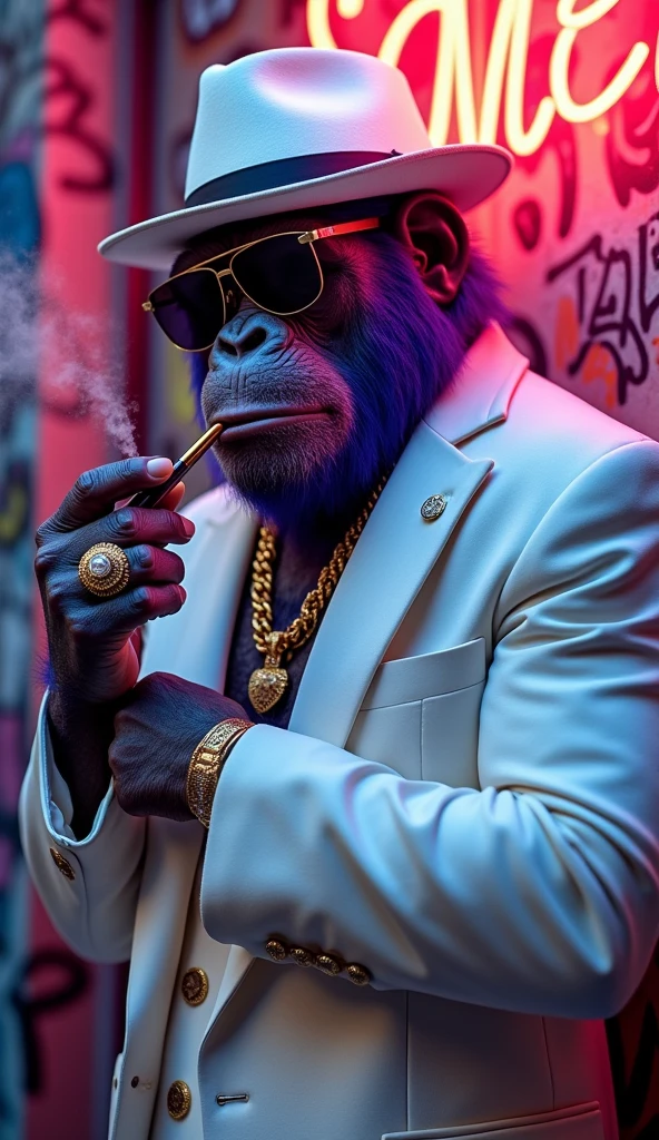 Purple Ape, wearing a white gangster suit with chains, a hat and glasses, tattooed, with huge diamond and gold rings, smoking with a pipe, pointing with his index finger to the left