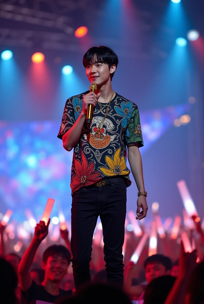 Park Ji-min from the korean boygroup BTS who sings a song on stage with a golden microphone in his hand, black jeans and a gucci t shirt