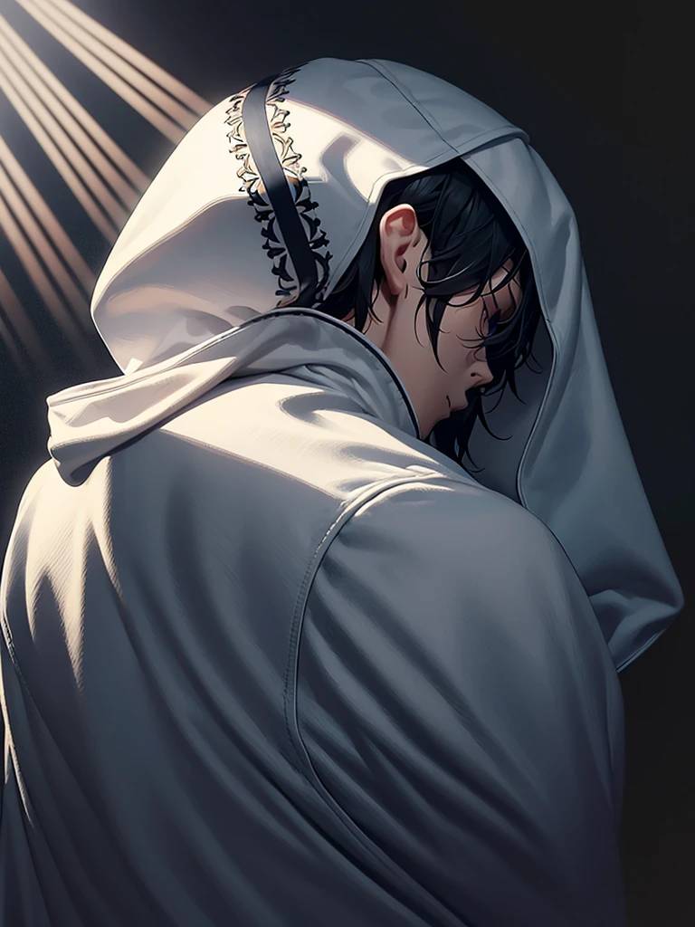1boy,black hair,black eye, White hoodie, hood up,white shirt,soft lighting, volumetric lighting, intricate details, hyper detailed,(extremely fine and beautiful), (perfect details),semi side view, 