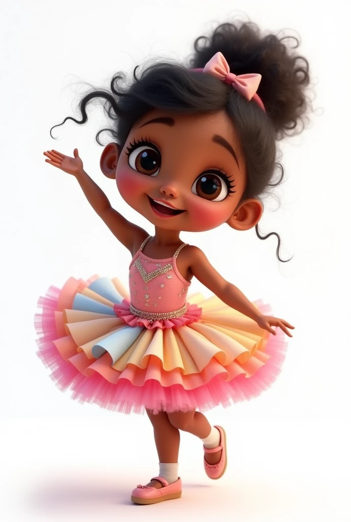 A cute fat indigenous girl with black curly hair wearing a Pixar-style ballerina outfit on a white background