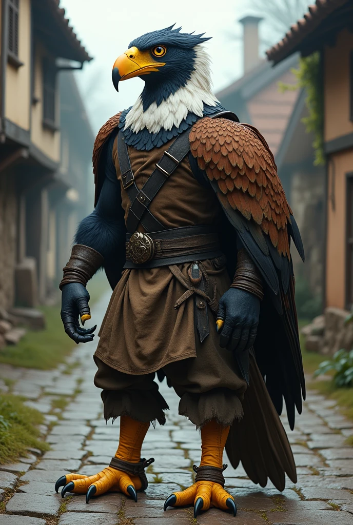 Humanoid eagle with human arms and legs, legs with eagle claws, and human arms with eagle feathers, wearing common medieval attire , bird's head with a long yellow beak with a blue tip, and the head with the black top and white neck.