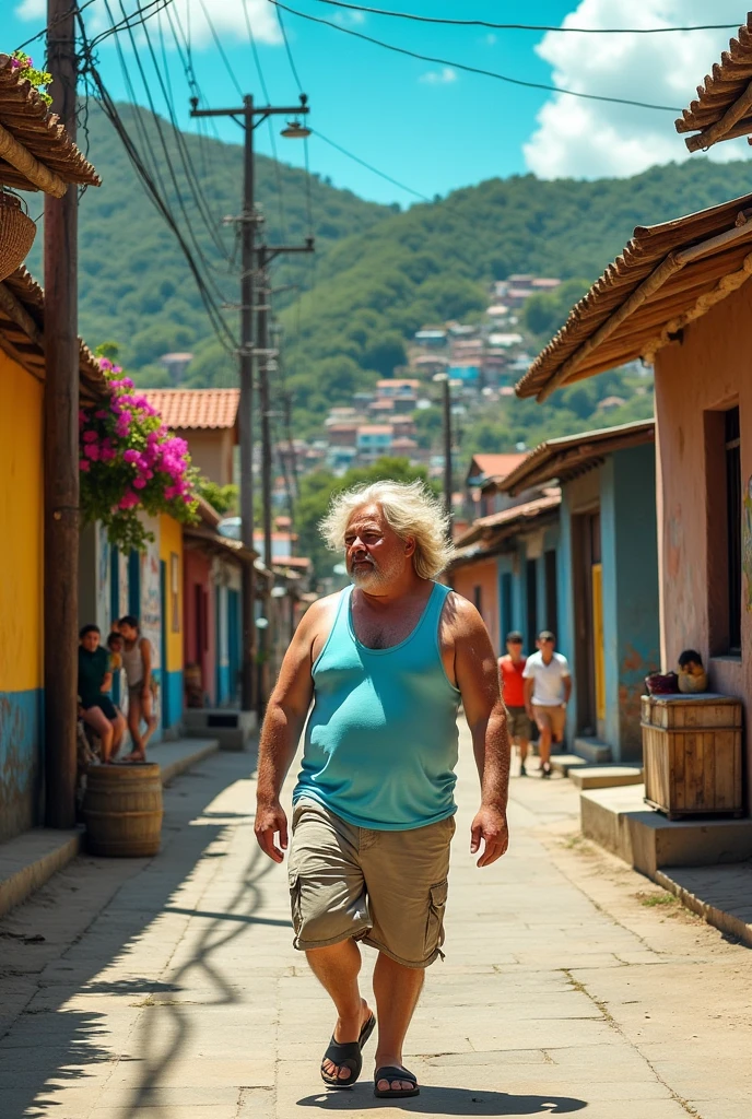 A chubby blonde guy walking in the favela