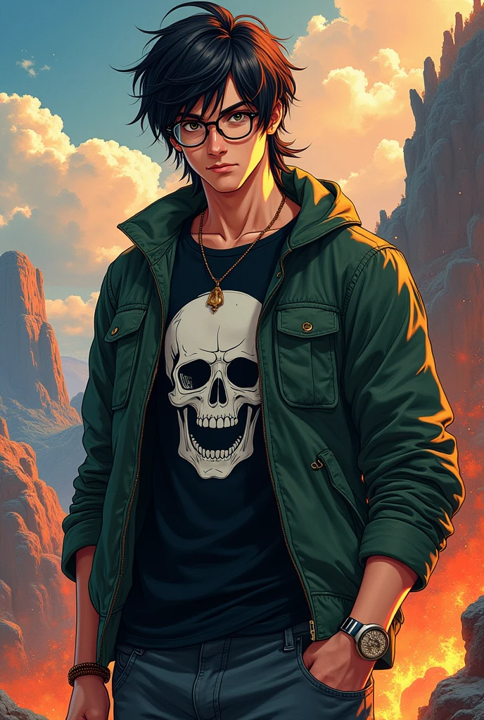 dragon ball z graphics, guy with dark green jacket, mullet hair, glasses, age around 20, black skull t-shirt
