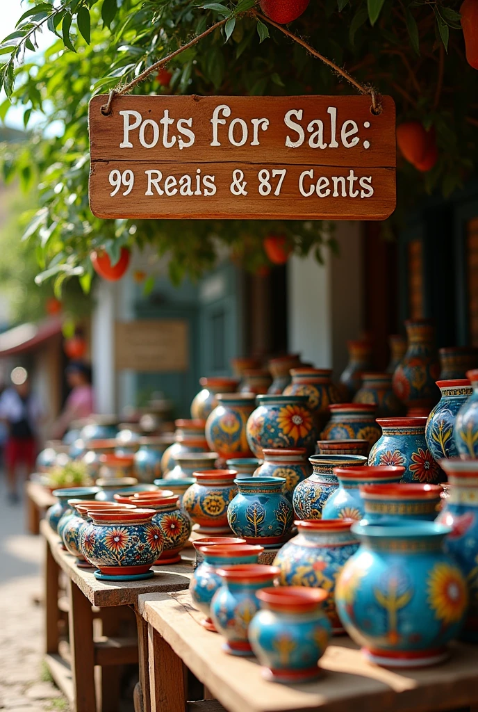 Create an image with a set of pots on sale for 99 reais and 87 cents