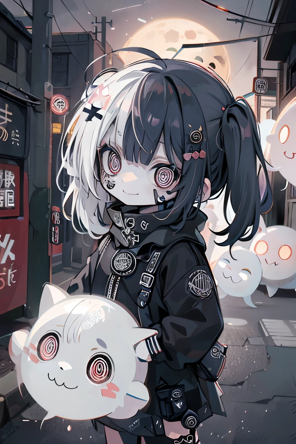 #quality(8k,best quality, masterpiece),solo, #1girl(cute, kawaii,small kid,smile,hair floating,hair color cosmic,pigtail hair,zombie skin,ghost skin ,skin color blue,pale skin,eye color cosmic,eyes shining,big eyes,damaged clothes,heavy metal costume,smirk),#background(night,red moon,full moon,outside,city,)