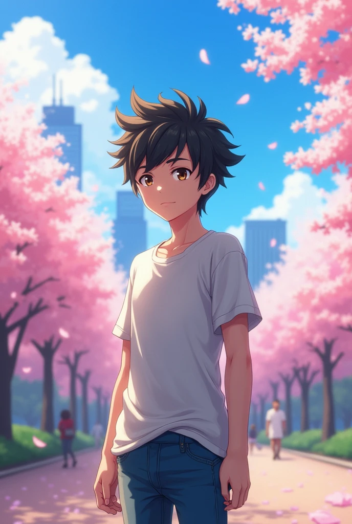 "Anime character with spiky black hair, . He has a shy and gentle demeanor and is wearing casual clothing like a t-shirt and jeans. His expression is thoughtful and somewhat nervous,