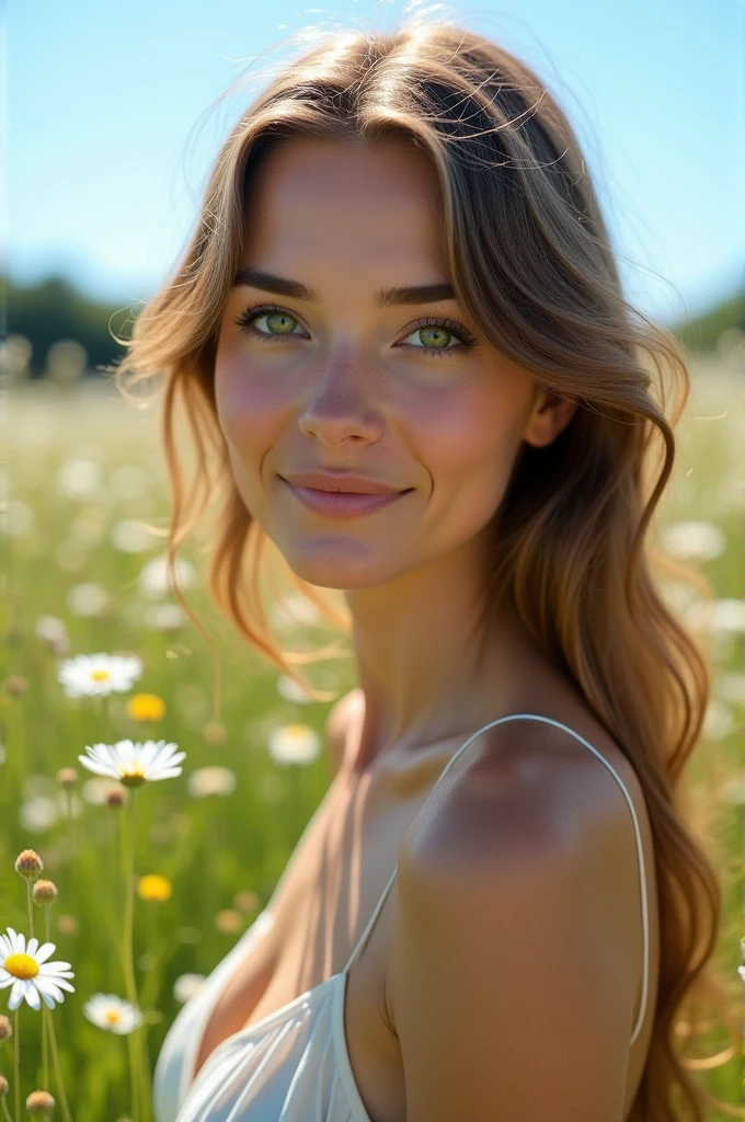 Woman with a slender complexion, oval face, green almond-shaped eyes, light brown hair, and green almond-shaped eyes.