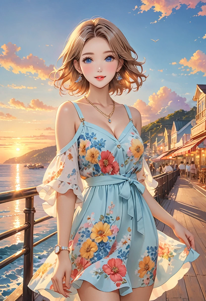 Highest quality、High resolution、Detailed Background、(Beautiful face in every detail:1.4)、Normal number of fingers、Highly detailed face、Detailed eyes、Beautiful women in their 20s、Huge breasts、Perfect body line、Light color hair、Braided bob cut、Wavy Hairstyle、Model pose、Cute gestures、Harbor sunset、A seaside promenade at dusk、Show the whole body、
(A beautiful model with a popular spot in the background:1.5)、
I recommend a floral print in soft, spring-like colors.、A clean and feminine dress is cute、Pairing it with a white cardigan or something similar is stylish.、Casual items such as flat sandals are recommended、Earrings and necklaces、Combining a wristwatch, etc., will make it look more gorgeous、Overall, it's a casual but clean look with a dress as the center.、very beautiful