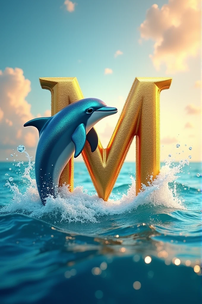 A golden M embraced by a dolphin