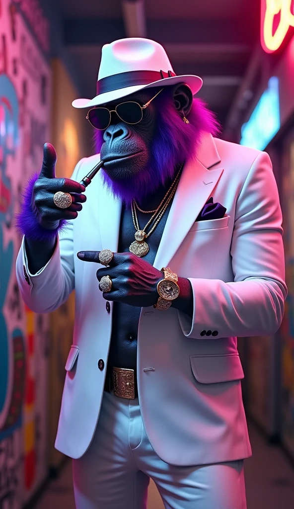 Purple Ape, wearing a white gangster suit with chains, a hat and glasses, tattooed, with huge diamond and gold rings, smoking with a pipe, pointing with his index finger to the left