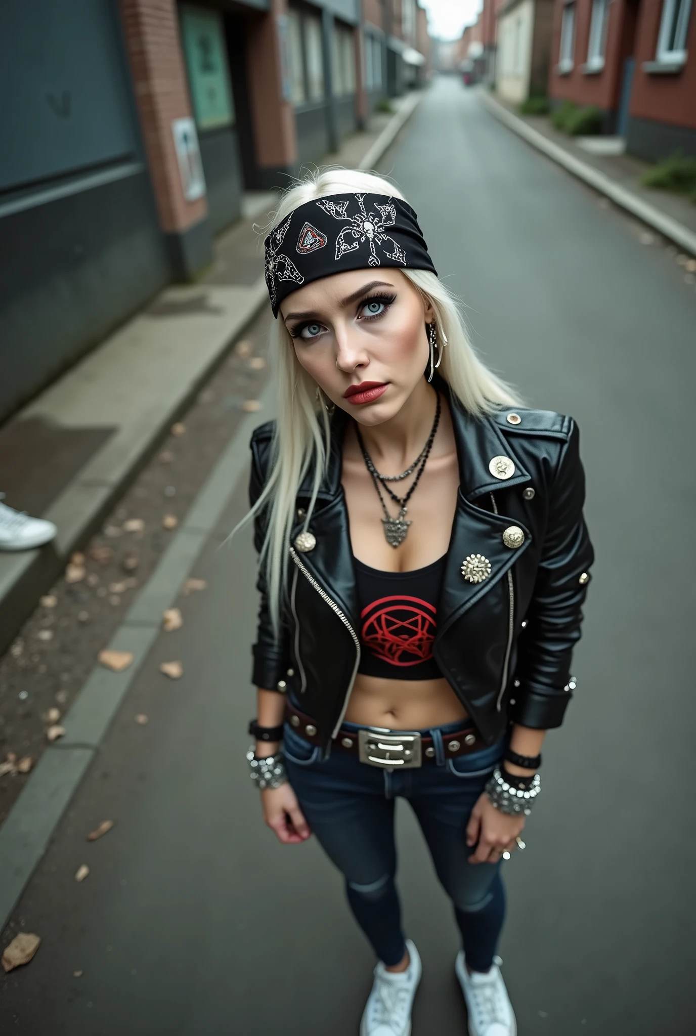 russian milf woman, biker gang member, platinum blonde hair (straight, middle part) with bandana headband, with very light blue eyes, extremely pale, heavy eye shadows. Sad face, smeared excessive make up and lipstick Wearing cropped black moto jacket, Cropped t-shirt with pentacle, skinny blue jeans and white tennis sneakers . Pins on jacket lapels Lots of metallic bracelets and pendants. Tacky leather belt with oversized, excessive silver buckle. Hands in prayer. Wide loop earrings. Looks up like talking to God, mouth and eyes open