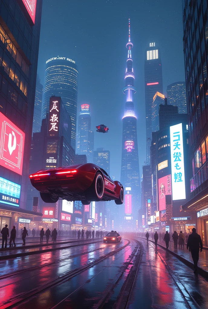 A city at night with flying cars