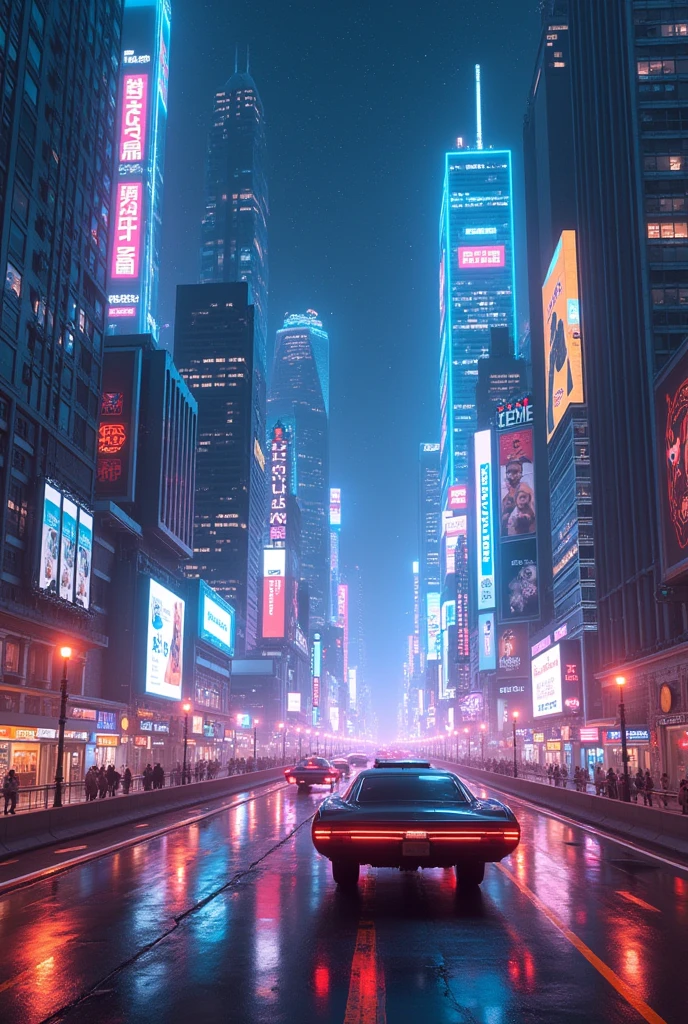 A city at night with flying cars