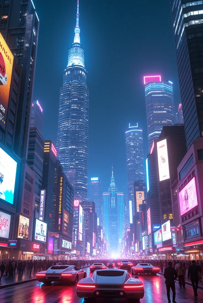A city at night with flying cars