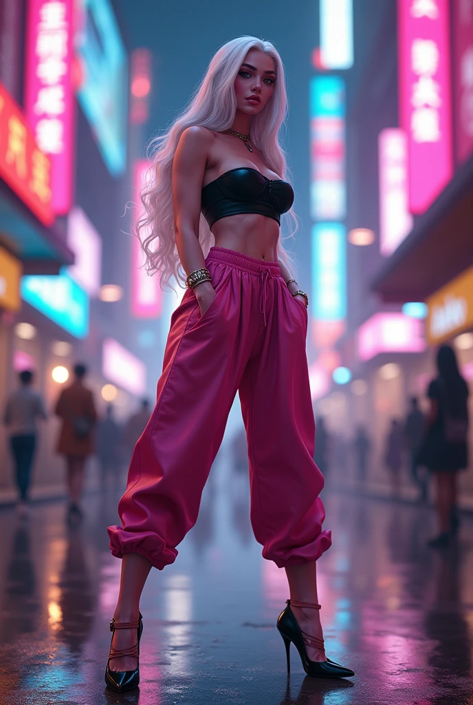 Android 21 from dragonball, black sclera, pink skin, tube top, bracelet, harem pants, high heels, tail, white hair, alone, dryhumping someone,