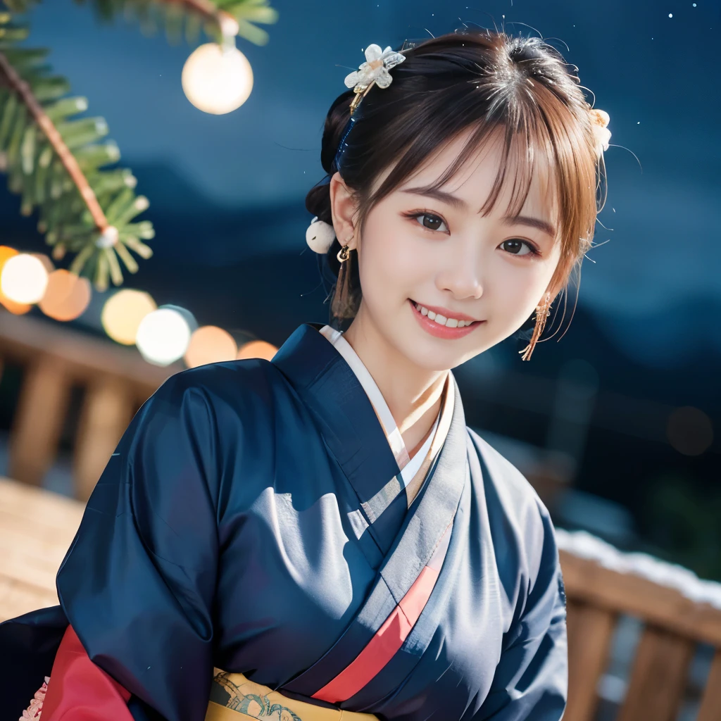 Japanese Ido ,((cute ,Baby Face:1.2)),(8k, RAW Photos, Ultra-detailed, Highest quality:1.2), (Realistic, Photorealistic:1.4), (Very detailed, Ultra-high resolution ,beautiful, Tabletop:1.2), ,Very detailed顔と目,Glowing Skin,(Upper Body:1.Professional Lighting,Soft Light, Sharp focus, Depth of written boundary,Medium Hair,Earrings, ( Kimono attire :1.3),(smile:1.3),Bokeh,(Dynamic Angle:1.5),( night sky aurora background, Christmas tree and snowy mountains々
:1.3)