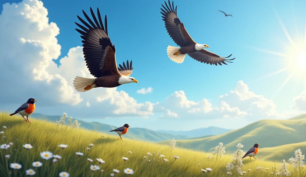 In the sky, the birds fly high,
Eagles soar, and robins try,
