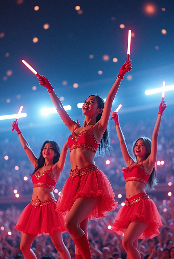 realistic,8k,Beautiful Japanese dance team girls, rock idols estilo love dance team live, dancing and singing for her fans at the stadium