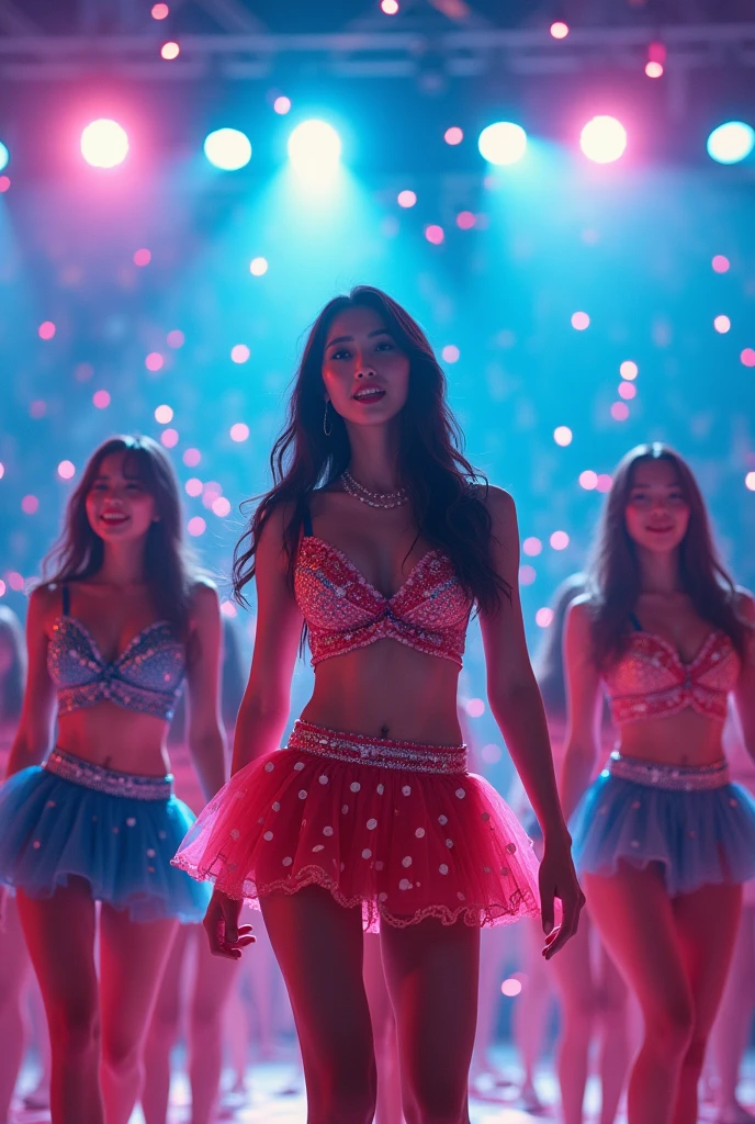 realistic,8k,Beautiful Japanese dance team girls, rock idols estilo love dance team live, dancing and singing for her fans at the stadium