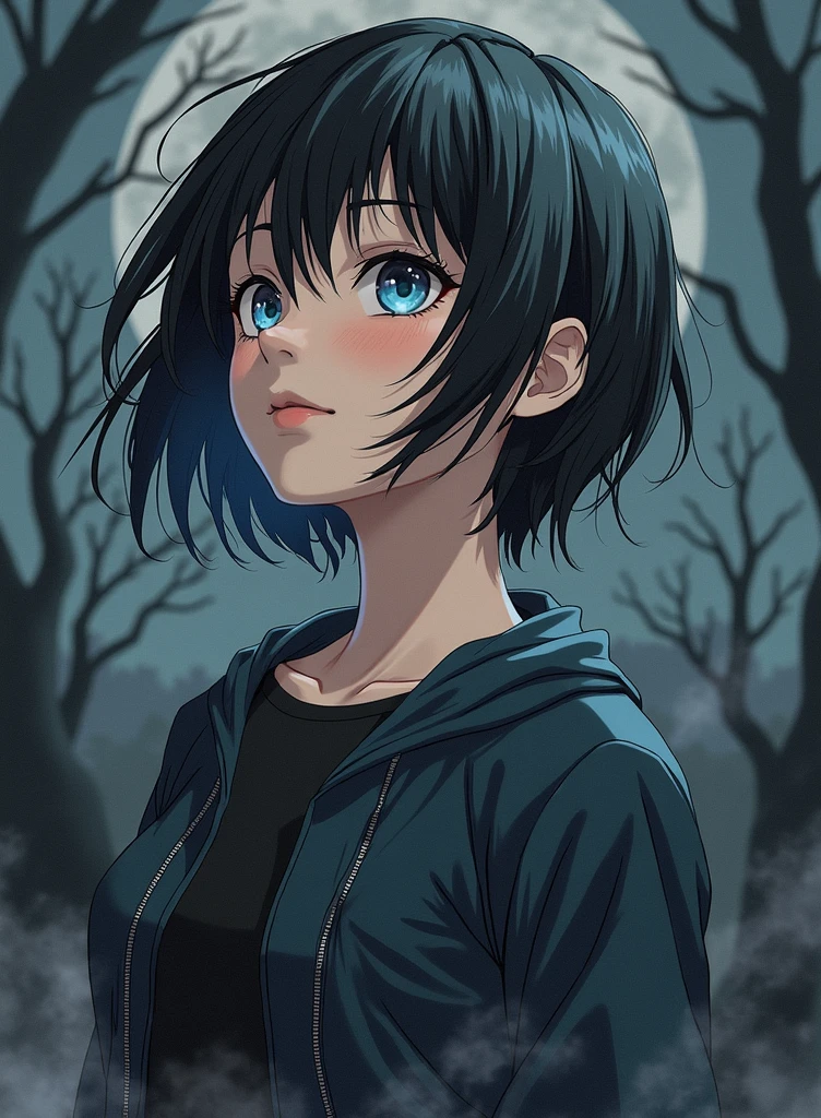 Make her look like an anime character, but keep her features., dark style (dead by daylight)