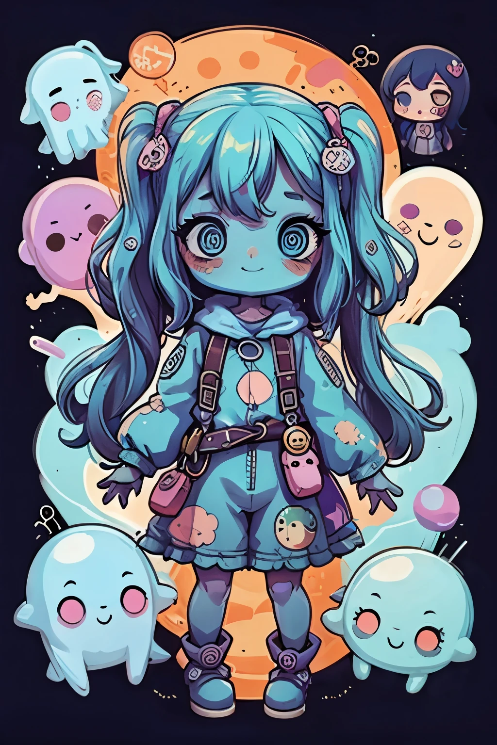 #quality(8k,best quality, masterpiece),solo, #1girl(cute, kawaii,small kid,smile,hair floating,hair color cosmic,pigtail hair,zombie skin,ghost skin ,skin color blue,pale skin,eye color cosmic,eyes shining,big eyes,damaged clothes,heavy metal costume,smirk),#background(very simple,monotone,)