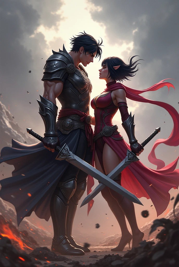 League of legands
Darius (male, Noxian, shot black hair with white streaks) Fiora (female, Demacian, short black hair with pink stipe) they're In love and
On a battle field