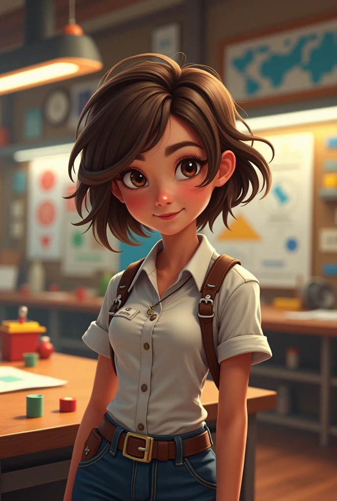 Woman with short, shoulder-length, light brown hair,Brown eyes, thin lips, engineer, disney type