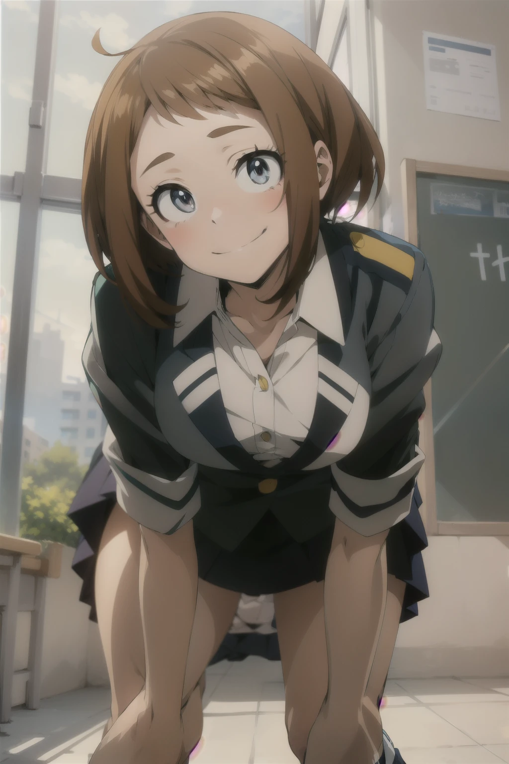 Anime , Uraraka , blue eyes, short hair , smile, , school u.a uniform , bent over pose, under the skirt . Thong Pantie