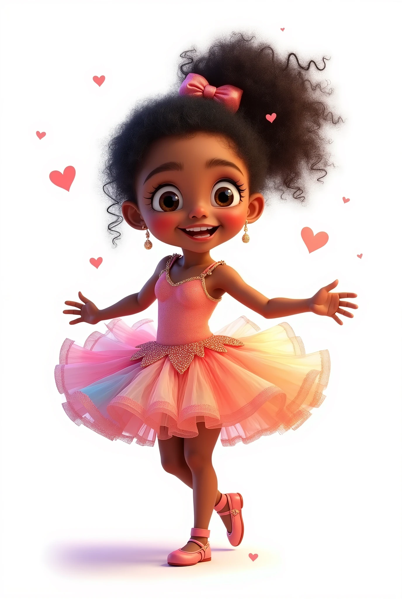 A cute fat indigenous girl with black curly hair wearing a Pixar-style ballerina outfit on a white background