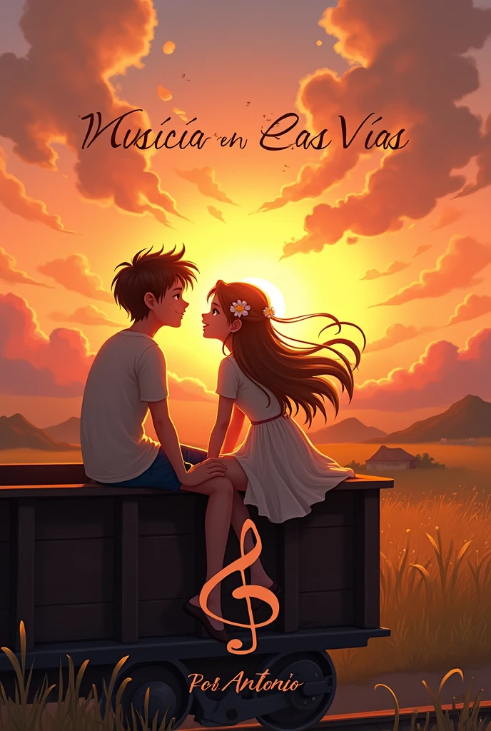 I want an image for a book , in the image have 2 people a boy and a girl agers, in a sunset, on a train, below all that, that you put a treble clef, The title in Spanish will be: Music on the Tracks put that on top, below next to the treble clef I want you to put in Spanish: By Antonio .