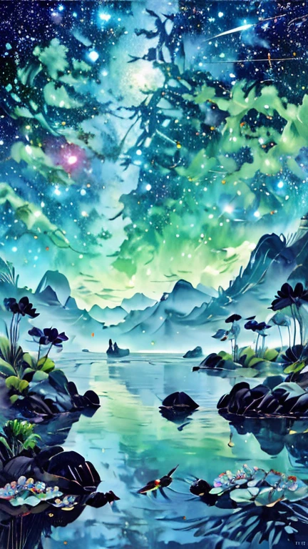 Highest quality, (masterpiece), Very detailed, (Illustrations for novels:1.2),  (High resolution:1.2), Dramatic Light, looking at space through long Telescope, space, shooting star, thin lines amidst the planets, Look up, Fantasy，On a different planet，Expansiveness，Great details，Cinema Lenses，Wide-angle composition，Hazy，満天のStarry Sky，Indian mythology，Shattered rocks fly everywhere.，Fantasy、another world、Starry Sky、shooting star、milky way、Multicolored clouds、another world、Countless islands floating in the sky々、Vast views、Wide-angle lens、A view looking down from a high hill. Realistic blurred background. 4K Full HD 60 FPS、Realistic lighting、deep sea，Ancient times，ancient fish，Swim gracefully，未来のdeep sea都市，Atlantis Continent，Reflection of the universe，広大なspace，fusion of the future and the past，Time Transcended，spaceの歪み、The paper surface shines with rainbow colors all over.、Halo、Angel Ring、Huge spaceship、A coelacanth swimming in the sky